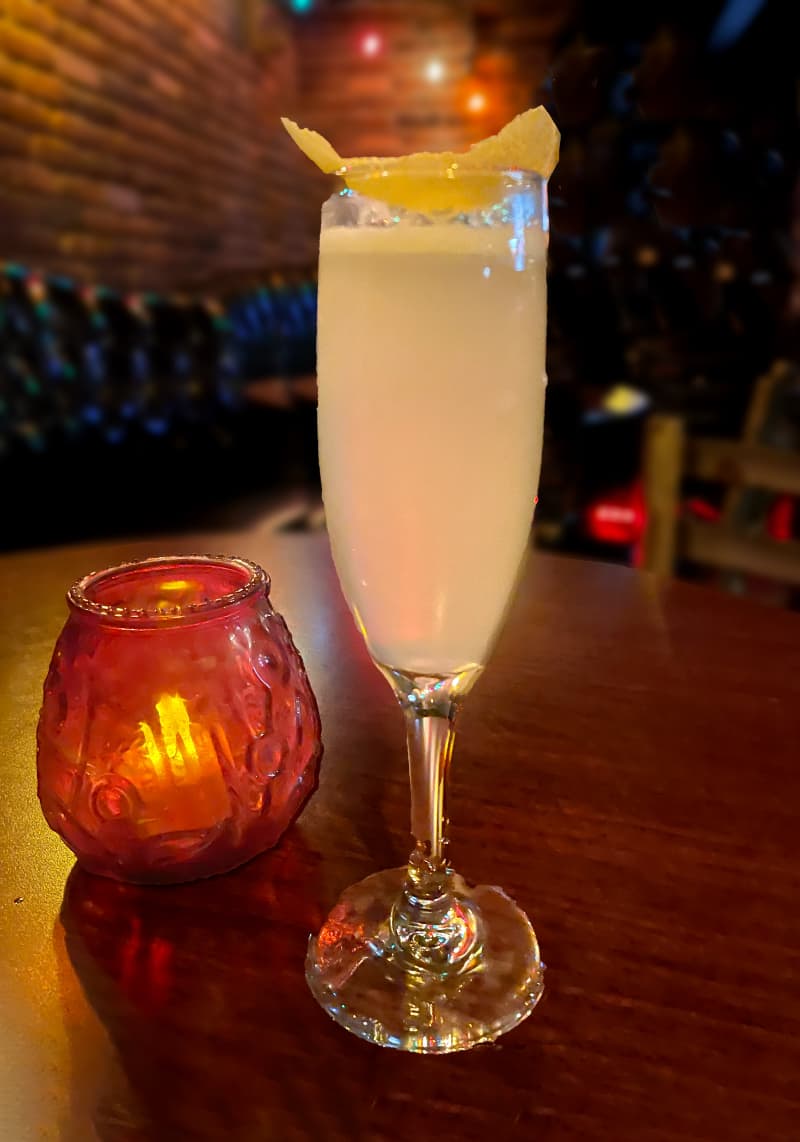 French 75 cocktail made with Sand Lily sparkling wine at Boneyard Pub in Bend Oregon